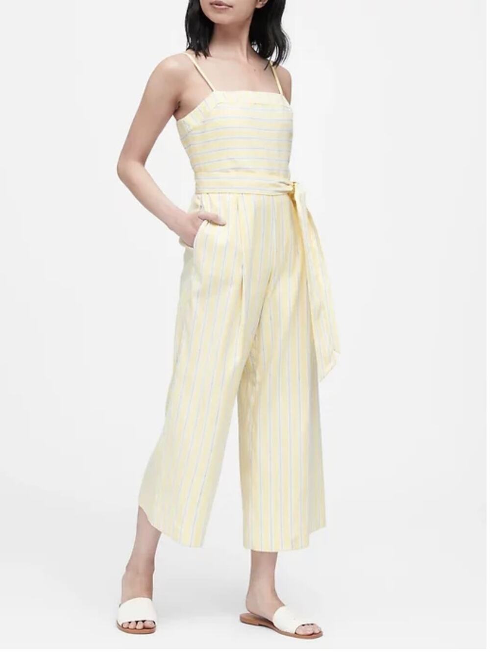 Banana Republic Yellow Stripe Linen-Cotton Cropped Jumpsuit sz 0